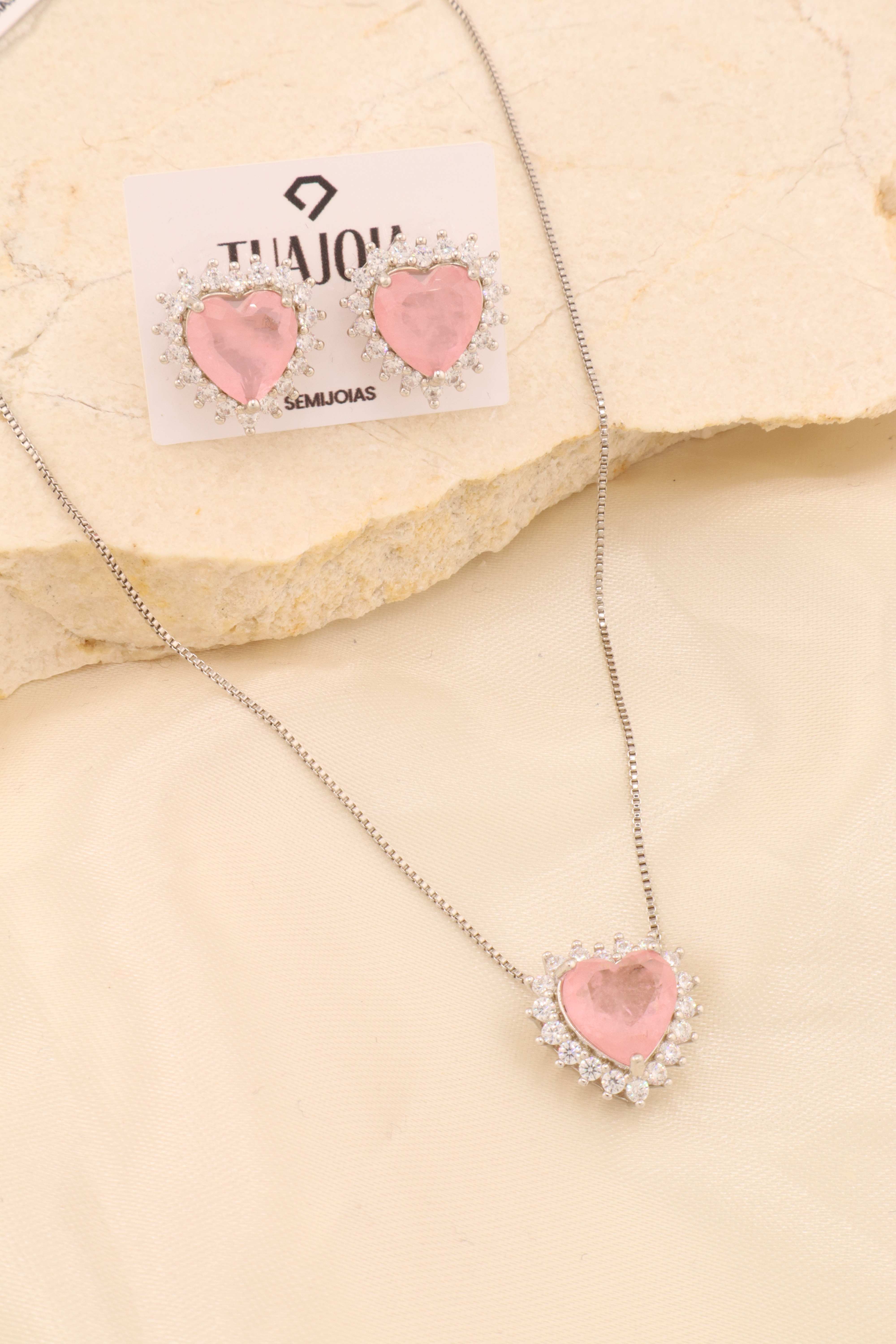 CONJUNTO CORAÇÃO ROSA BANHO RÓDIO